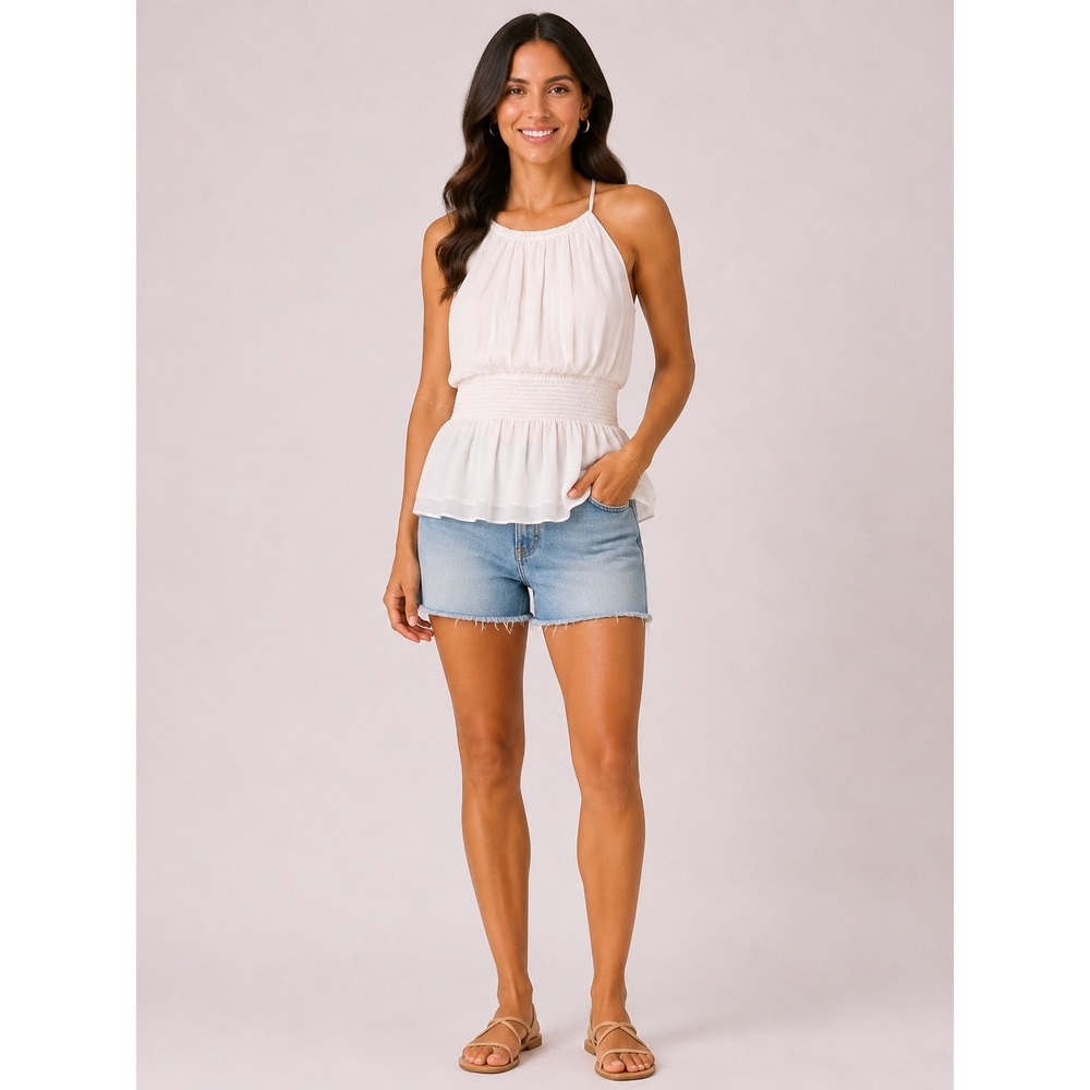 Express Womens White Halter Neck Smocked Waist Peplum Blouse Top Size S